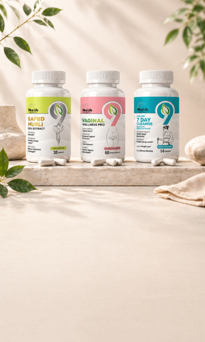Three supplement bottles on a wooden surface with a natural background