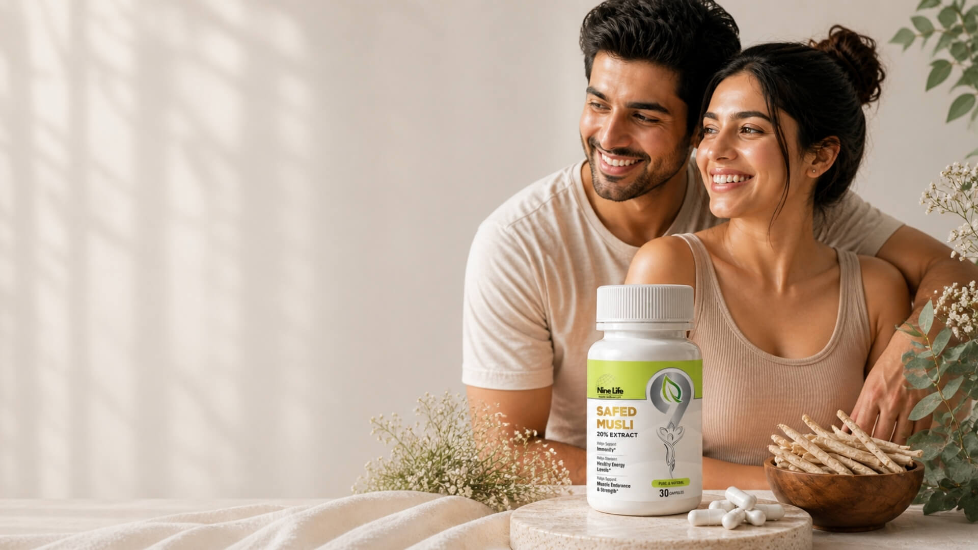 Man and woman sitting together with a supplement bottle on a table