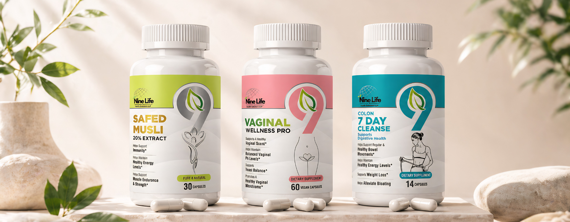 Three supplement bottles labeled 'Safed Muscle', 'Vaginal Wellness Pro', and '7 Day Cleanse' on a neutral background with plants.