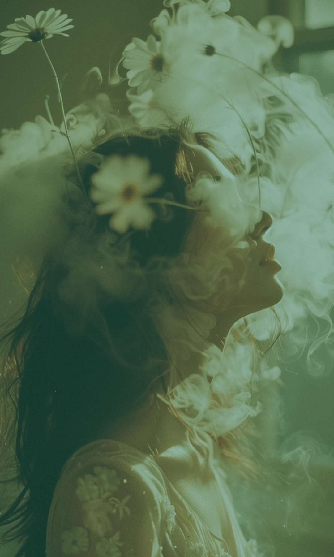 Woman with flowers in her hair and dress, surrounded by nature