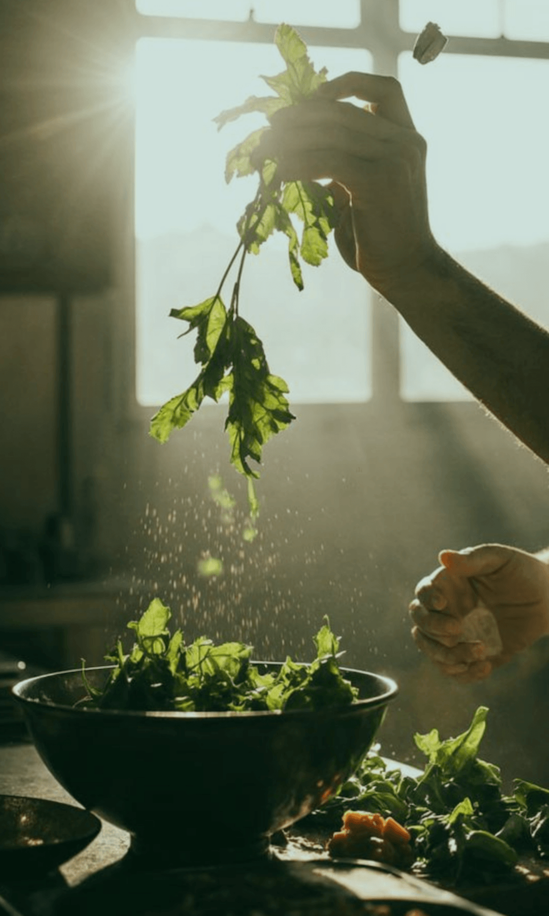 Person preparing a salad with fresh greens in a kitchen.