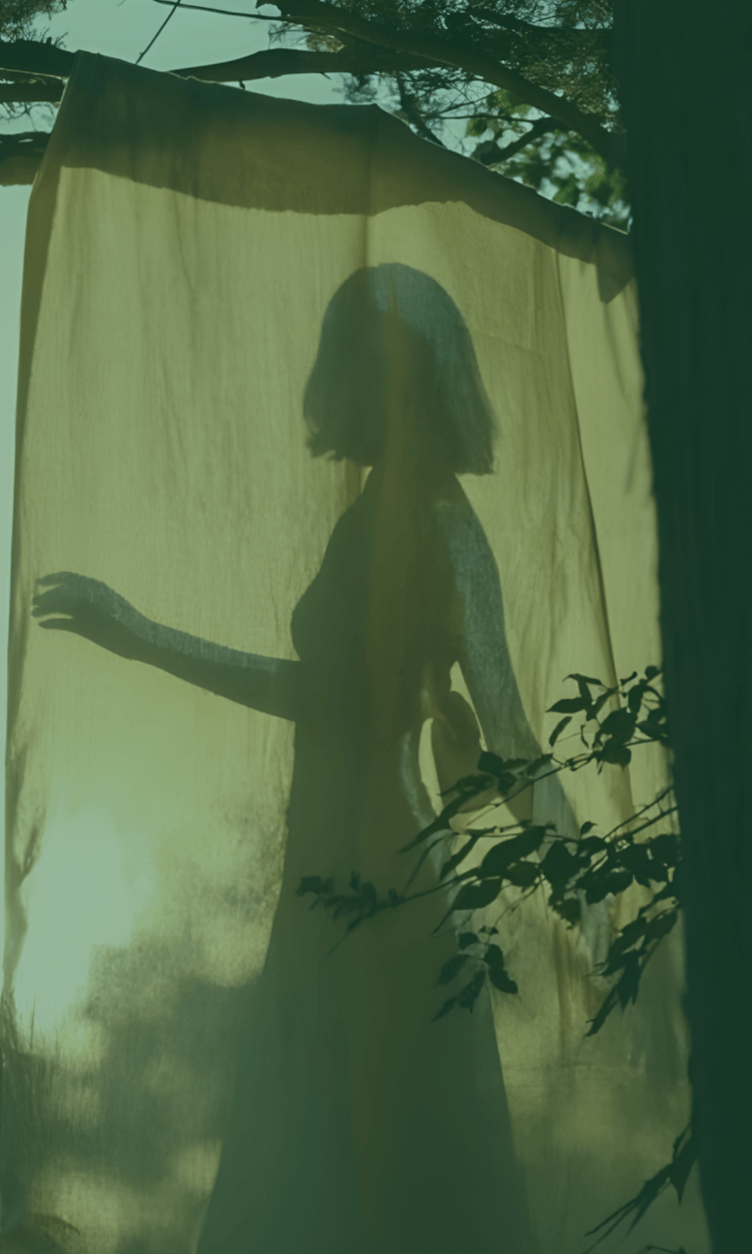 Silhouette of a person behind a sheer curtain with a natural background